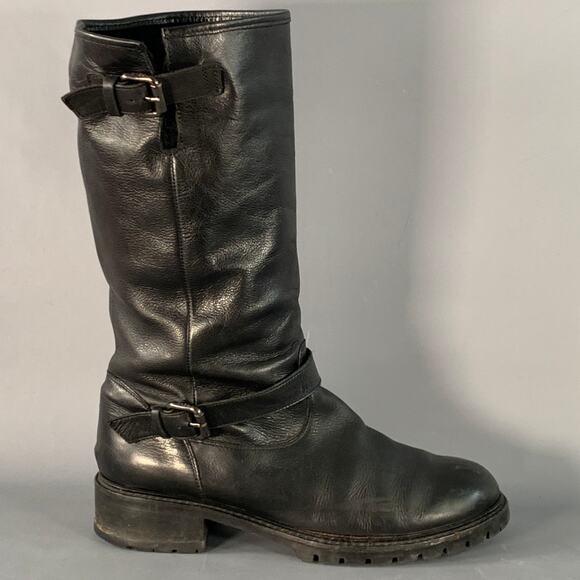 FENDI Size 9 Black Leather Shearling Lined Pull On Buckle Boots main image 8